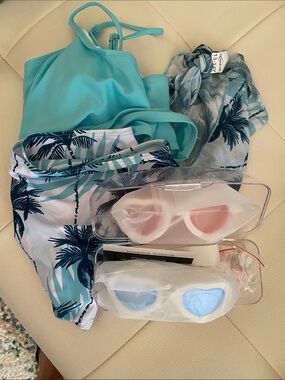 Beach Set Aqua Blue Bikini, with Palm Print Sarong, High-Waist Bottoms & googles